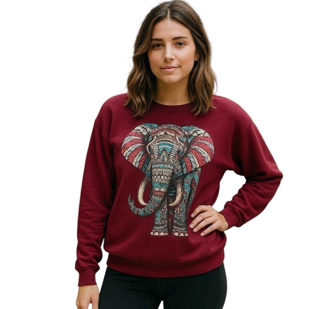 Riot Society Small Red Maroon Elephant Crewneck Sweatshirt Casual Athleisure